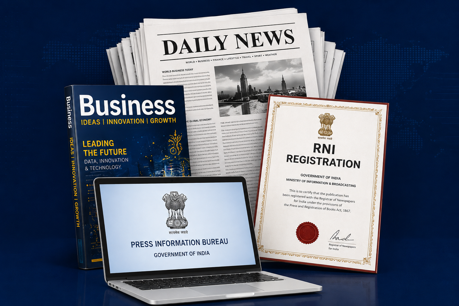 RNI Registration documents and newspapers